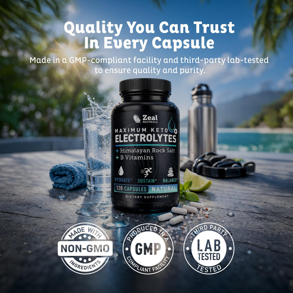 Zeal Keto Electrolyte packaging closeup showing quality and GMP standards.