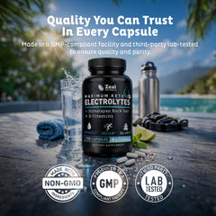 Zeal Keto Electrolyte packaging closeup showing quality and GMP standards.