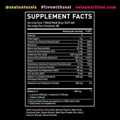 Zeal Naturals electrolyte label highlights BCAAs and vitamins for active people