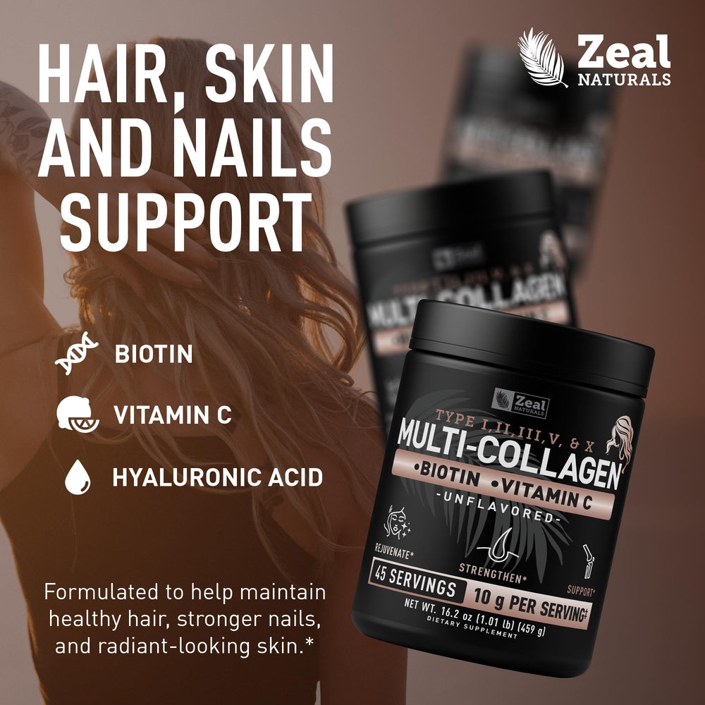 Zeal Naturals ingredients close-up featuring biotin and vitamin C for hair and skin.