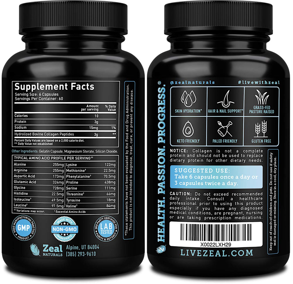 Close-up of Zeal Naturals Collagen Peptides capsules showing hydrolyzed collagen for absorption