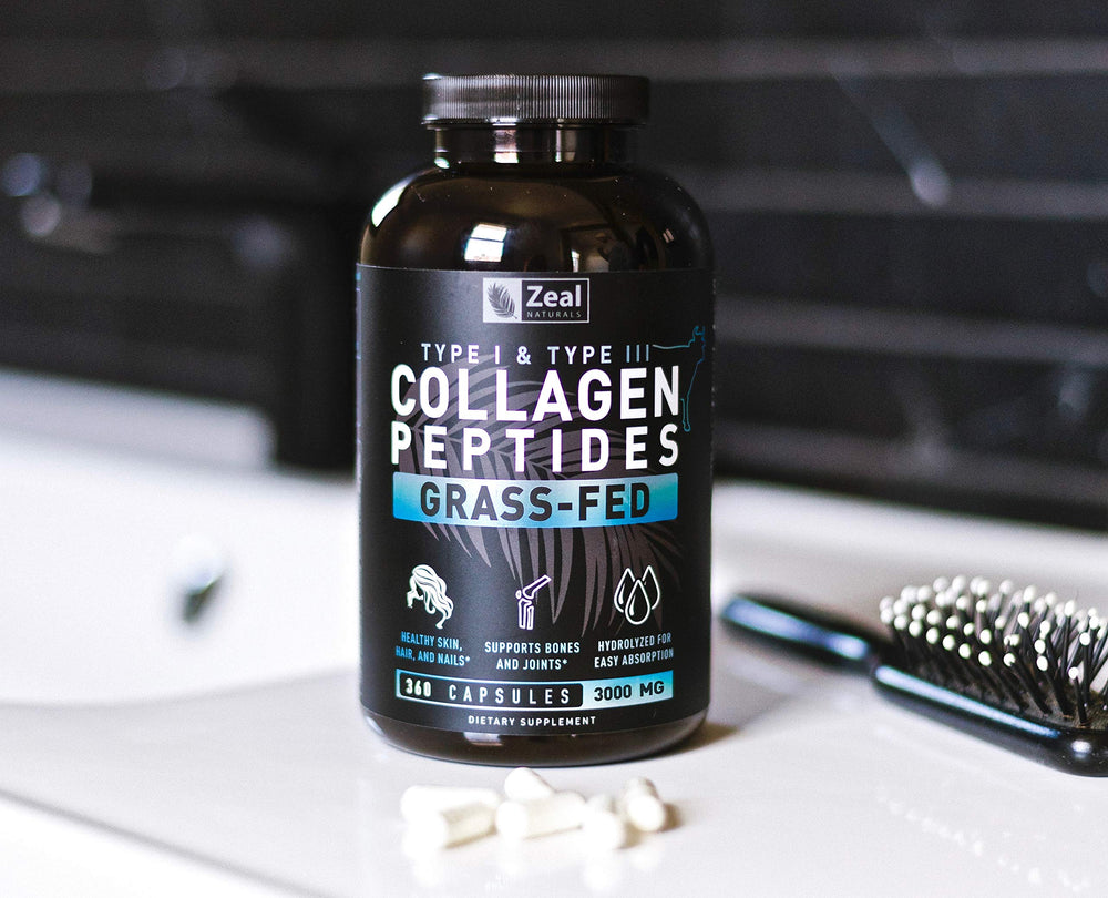 Grass-fed label on Zeal Naturals Collagen Peptides bottle indicating non-GMO sourcing