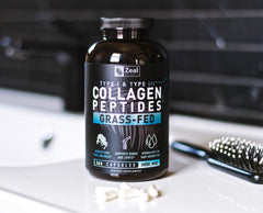 Grass-fed label on Zeal Naturals Collagen Peptides bottle indicating non-GMO sourcing