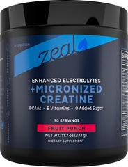 Zeal Naturals Creatine with Electrolytes tub highlights energy support for workouts