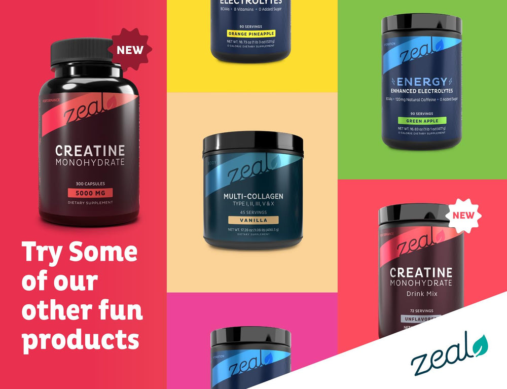 Zeal Naturals Creatine Monohydrate packaging emphasizes freshness and value.