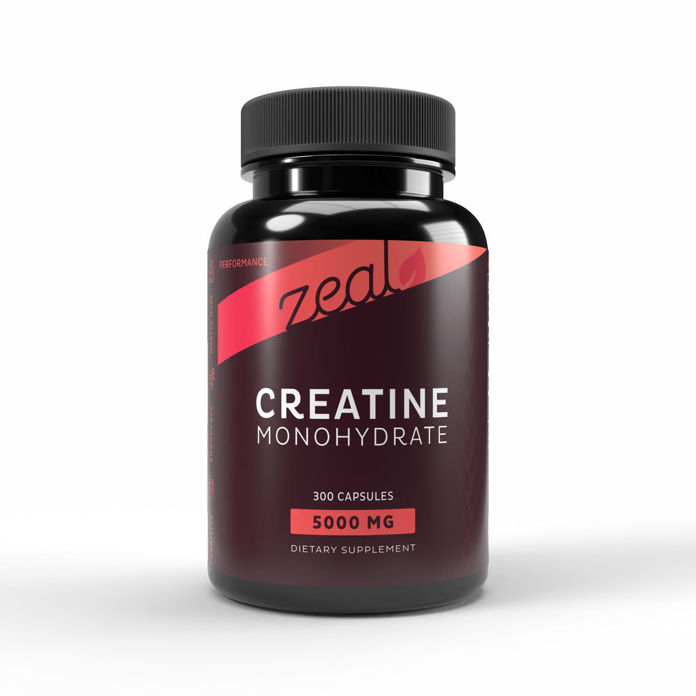 Zeal Naturals Creatine Monohydrate unflavored bottle for easy mixing with beverages.