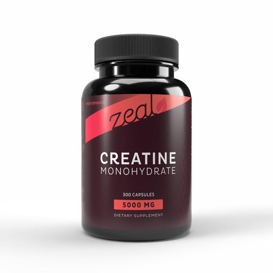 Zeal Naturals Creatine Monohydrate unflavored bottle for easy mixing with beverages.