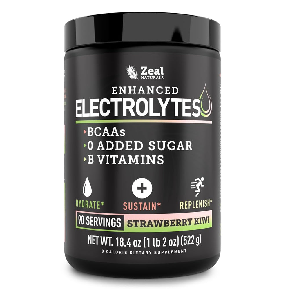 Zeal Naturals Electrolyte Powder bottle pour for post-workout hydration.