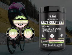 Zeal Naturals Electrolyte Powder tub open on counter shows convenient everyday fueling.