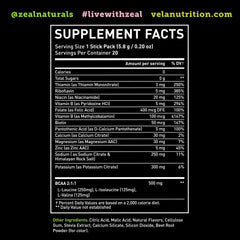 Zeal Naturals Enhanced Electrolyte Stick nutrition label shows BCAAs and B-vitamins