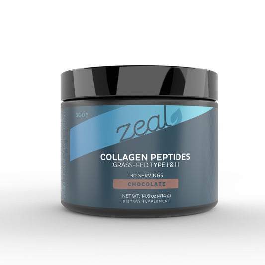 Zeal Naturals hydrolyzed collagen peptides powder in jar supports hair, skin, and joints.