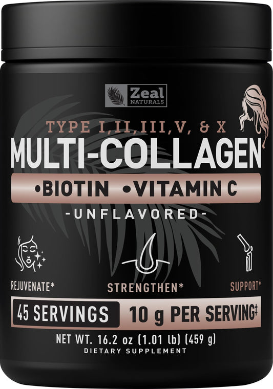 Zeal Naturals multi-collagen powder jar front highlights joint support and skin vitality.