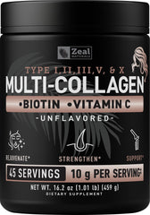 Zeal Naturals multi-collagen powder jar front highlights joint support and skin vitality.