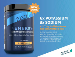 Pouring Zeal Naturals peach-mango powder for sustained energy during workouts.