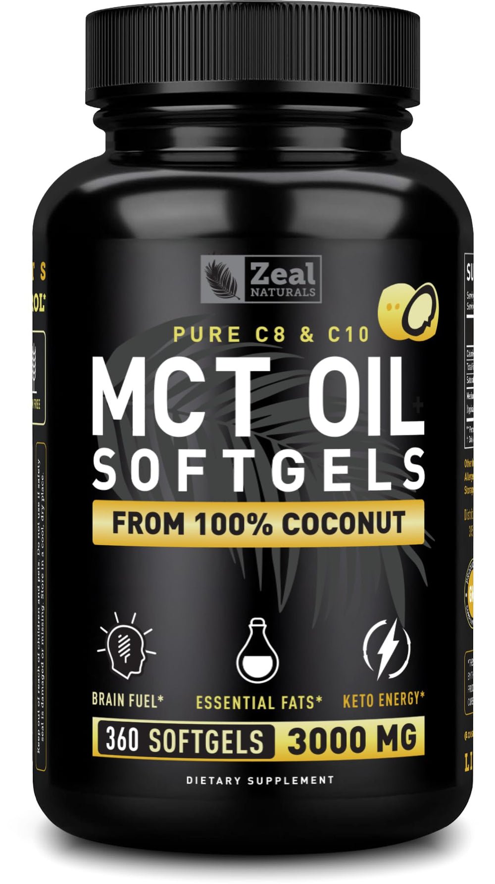 Zeal Naturals MCT softgels bottle shows coconut-derived energy support.