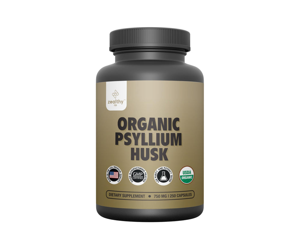 Psyllium capsules outside the Zealthy Life bottle for on-the-go use