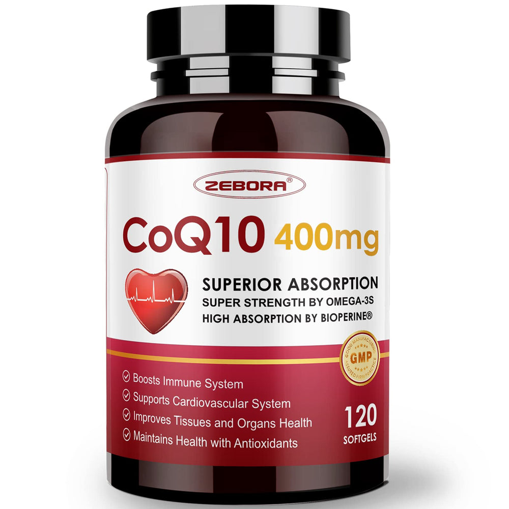 ZEBORA CoQ10 softgels bottle highlighting high-absorption formula for energy support