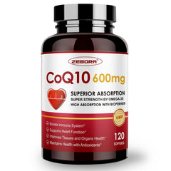 ZEBORA CoQ10 600mg softgels front bottle promoting a strong energy support option.