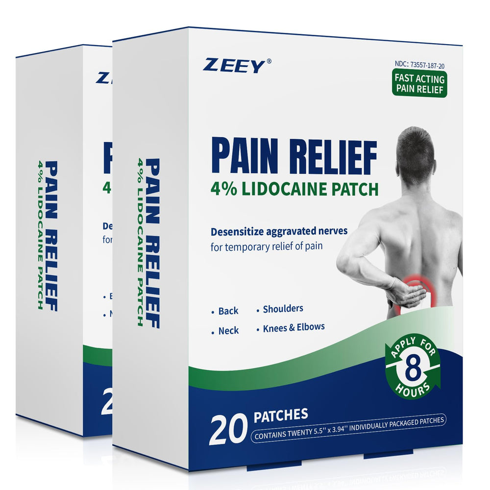ZEEY lidocaine patch on back area for targeted, long-lasting relief.