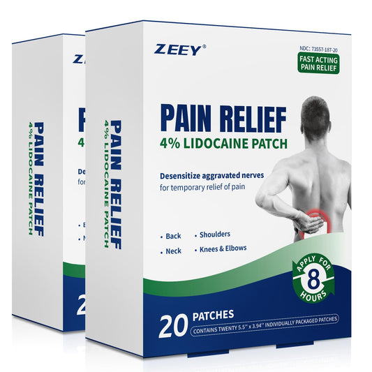 ZEEY lidocaine patch on back area for targeted, long-lasting relief.