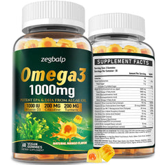 ZEGBALP Omega-3 gummies bottle front, vegan algae-based DHA and EPA for daily wellness