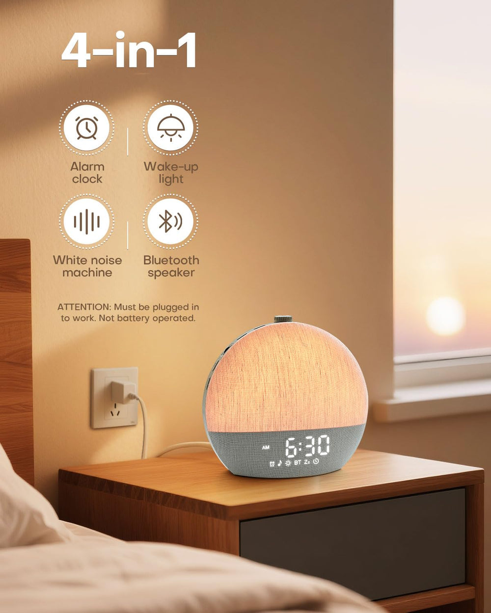 Zelaclock in a bedroom setup demonstrates a calm sunrise routine