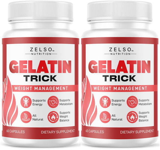 ZELSO Gelatin Trick bottle front highlighting daily energy support.