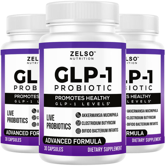 ZELSO GLP-1 probiotic bottle front featuring Akkermansia Muciniphila supports balanced gut health