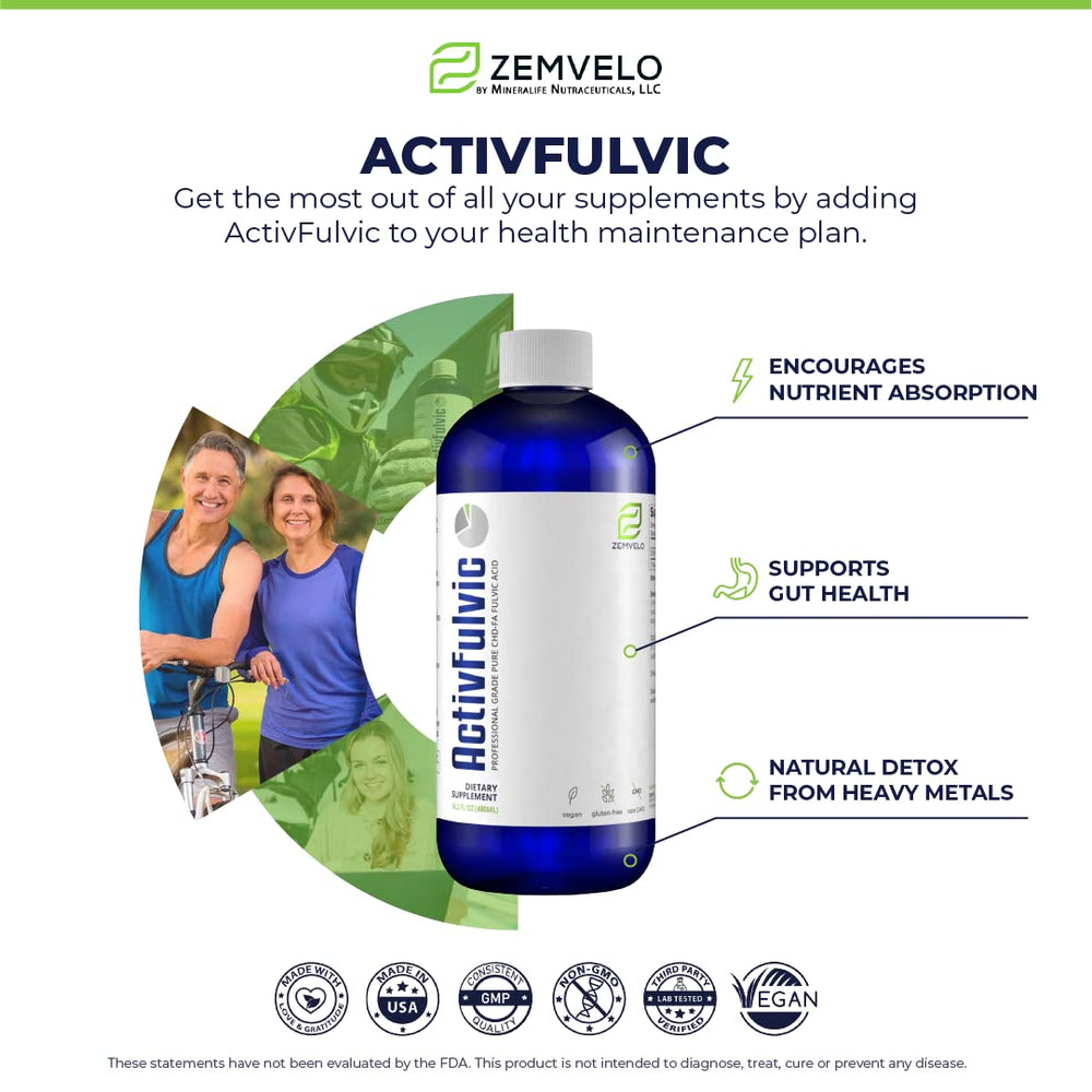 Close-up of Zemvelo ActivFulvic label noting purity and fermentation process.