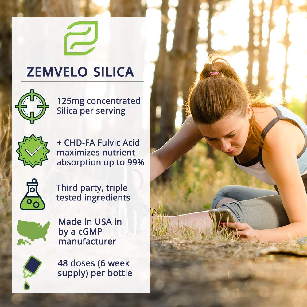 Zemvelo Liquid Ionic Silica label closeup emphasizes ingredients and 12,500 PPM potency.