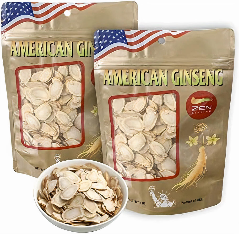Zen Ginseng American ginseng slices in a 4oz bag, ready for daily use.