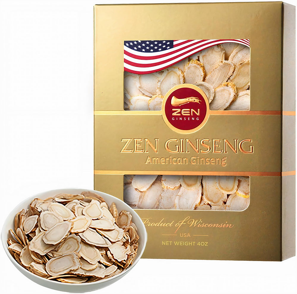 Zen Ginseng American Wisconsin Slices box front, daily energy potential.