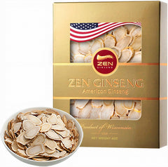 Zen Ginseng American Wisconsin Slices box front, daily energy potential.