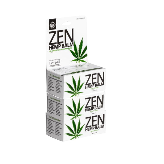 ZEN Hemp Balm in a glass container demonstrating fast absorption for sore muscles