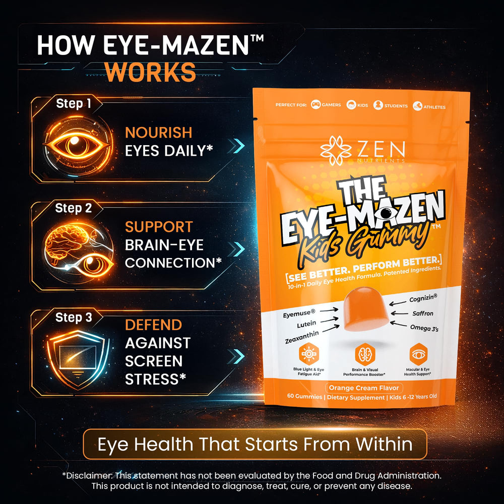 Zen Nutrients EyeMazen gaming session image suggests eye comfort during play.