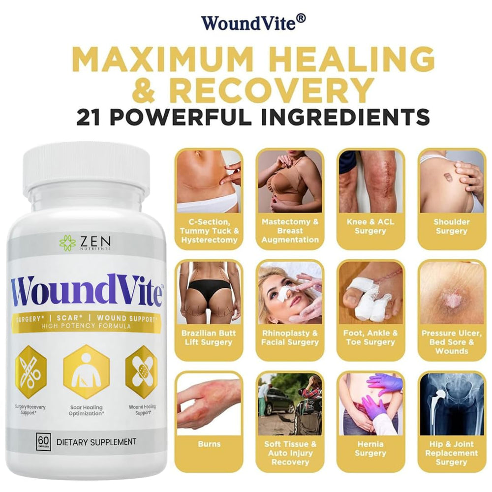 Zen Nutrients WoundVite bottle displaying vegan formula for wound care.