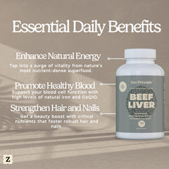 Zen Principle beef liver capsules poured into hand for daily energy and vitality.