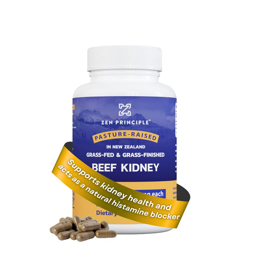Zen Principle bottle of grass-fed beef kidney capsules for daily wellness.