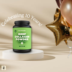 Zen Principle grass-fed collagen jar shows 3 lb size for long-term use.