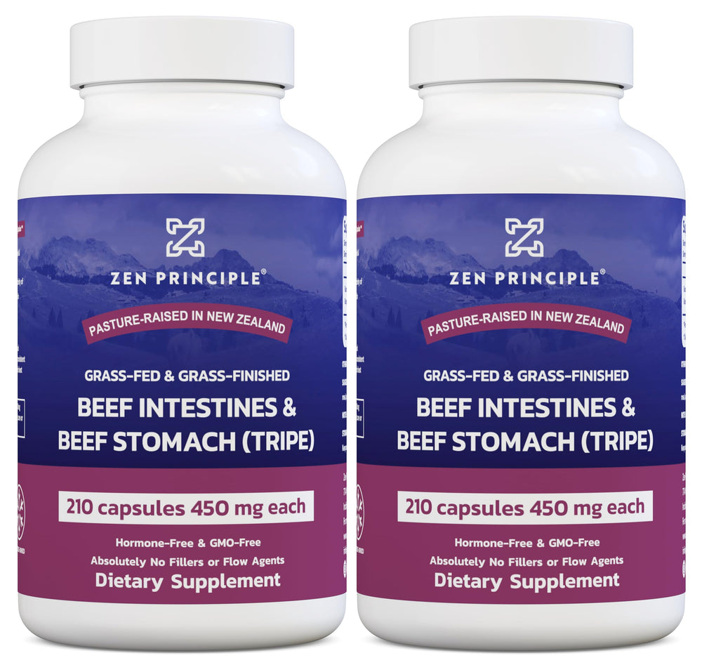 Zen Principle Grass-Fed Tripe Capsules in a bottle illustrating gut-supportive nutrients.
