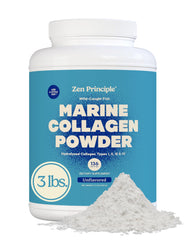 Zen Principle Marine Collagen powder tub closeup showing smooth neutral powder ready to mix