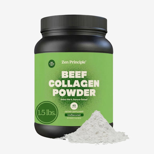 Zen Principle polvo de colágeno aglomerado para disolverse fácilmente en bebidas.