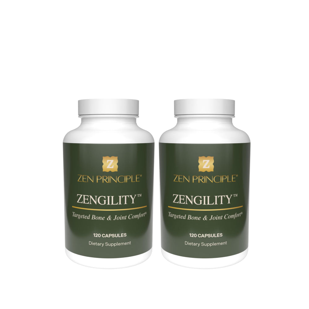 Zen Principle Zengility bottle and capsules for joint support and bone strength.