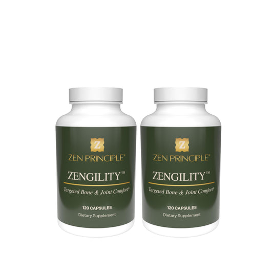 Zen Principle Zengility bottle and capsules for joint support and bone strength.