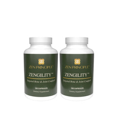 Zen Principle Zengility bottle and capsules for joint support and bone strength.