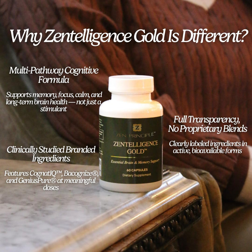 Zen Principle Zentelligence Gold brain-boost concept visual representing memory and focus potential.