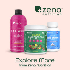 Zena Nutrition liquid collagen bottle with berry backdrop suggesting delicious flavor.