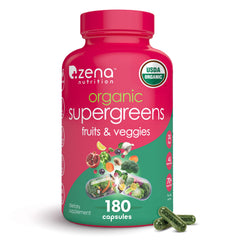 Zena Nutrition Organic Super Greens bottle for convenient daily nutrition.