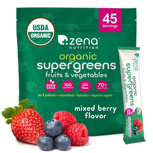 Zena Nutrition Organic Super Greens powder packets for convenient daily greens on the go