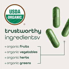 Zena Nutrition Organic Super Greens with prebiotics and probiotics for gut-friendly nutrition.